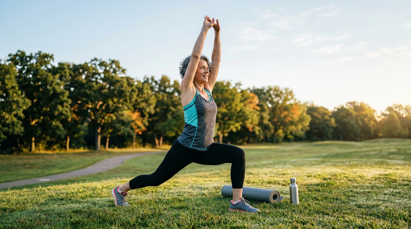 Aktív nő reggeli nyújtásgyakorlattal a természetben