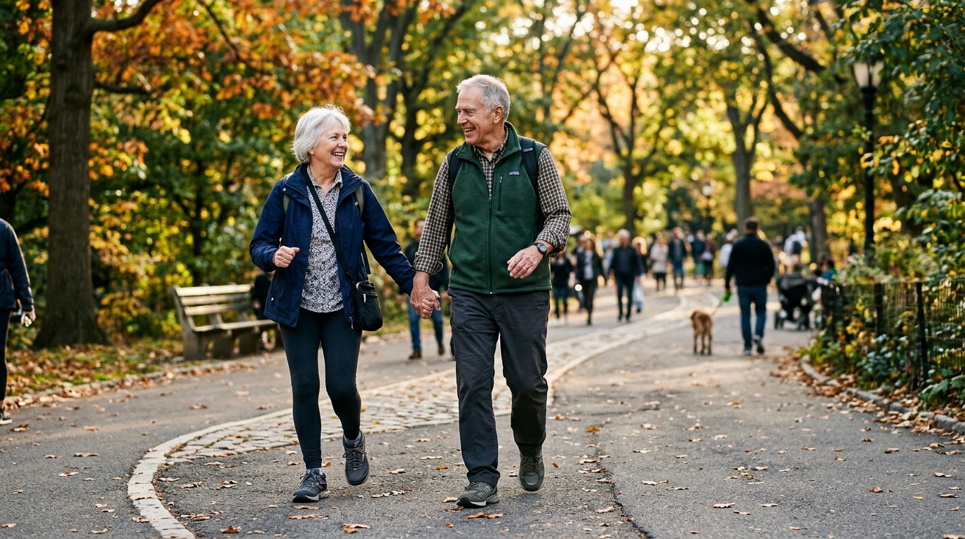 Öregedő pár sétál a parkban aktívan
